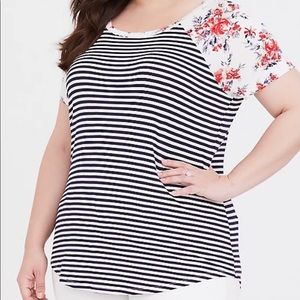 SUPER SOFT BLUE STRIPE & FLORAL SLIM FIT TEE